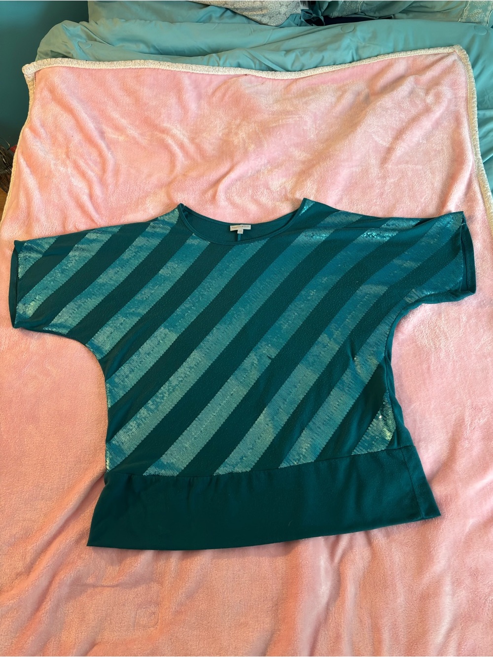 Vintage Fashion Bug Teal Blue Silver Striped Short Sleeve Tapered Size 1X